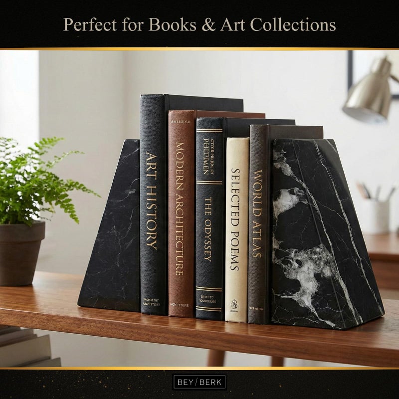 Bey-Berk Whitney Zebra Marble Bookends (Black, Set of 2), 4" x 2.5" x 6" Heavy Wedge Book Ends for Desk, Shelf, or Office - Image 4